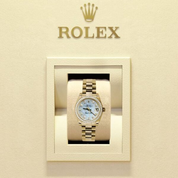 Rolex Datejust 31mm – Ref: 178288 mdp – White Mother of Pearl Dial & Diamond Bezel, 18K Yellow Gold President Bracelet Women’s Watch