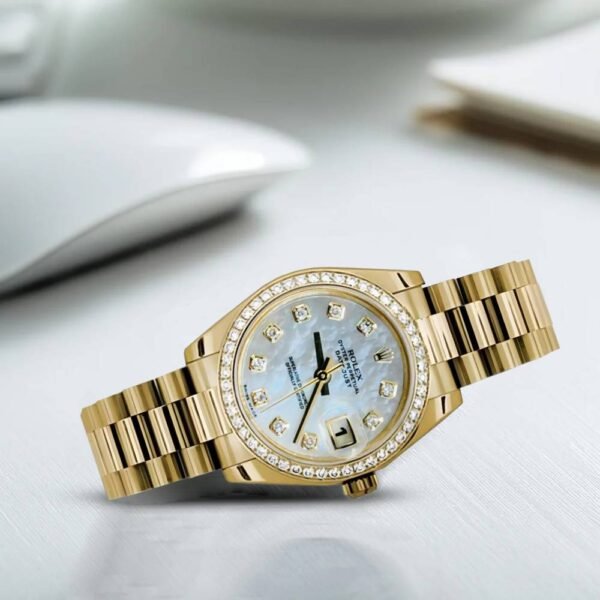 Rolex Datejust 31mm – Ref: 178288 mdp – White Mother of Pearl Dial & Diamond Bezel, 18K Yellow Gold President Bracelet Women’s Watch