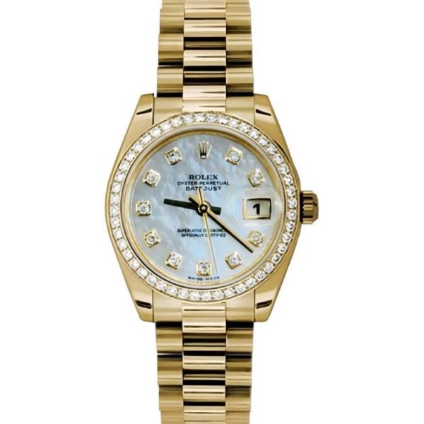 Rolex Datejust 31mm – Ref: 178288 mdp – White Mother of Pearl Dial & Diamond Bezel, 18K Yellow Gold President Bracelet Women’s Watch