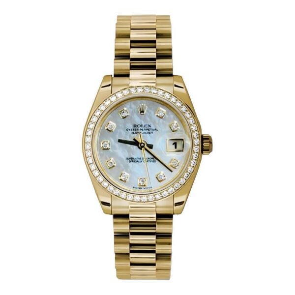 Rolex Datejust 31mm – Ref: 178288 mdp – White Mother of Pearl Dial & Diamond Bezel, 18K Yellow Gold President Bracelet Women’s Watch