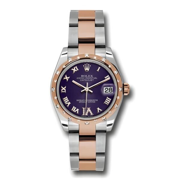 Rolex Datejust 31mm – Ref: 178341 pdro – Purple Roman Diamond Dial & Diamond Bezel, Two Tone Stainless Steel & 18K Rose Gold Oyster Bracelet Women’s Watch