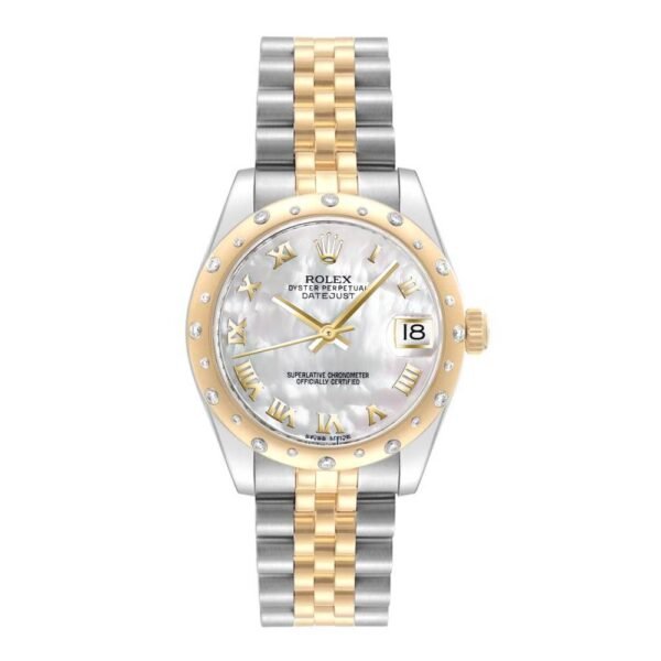 Rolex Datejust 31mm – Ref: 178343 mrj – White Mother of Pearl Roman Dial & Diamond Bezel, Two Tone Stainless Steel & 18K Yellow Gold Jubilee Bracelet Women’s Watch