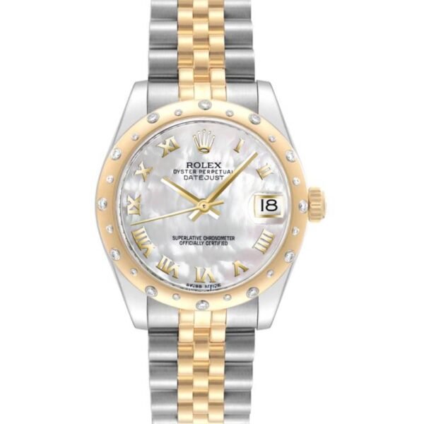 Rolex Datejust 31mm – Ref: 178343 mrj – White Mother of Pearl Roman Dial & Diamond Bezel, Two Tone Stainless Steel & 18K Yellow Gold Jubilee Bracelet Women’s Watch