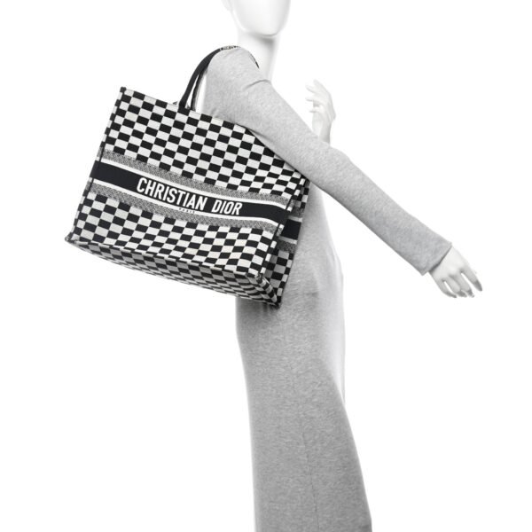 Canvas Embroidered Checkered Book Tote Black White