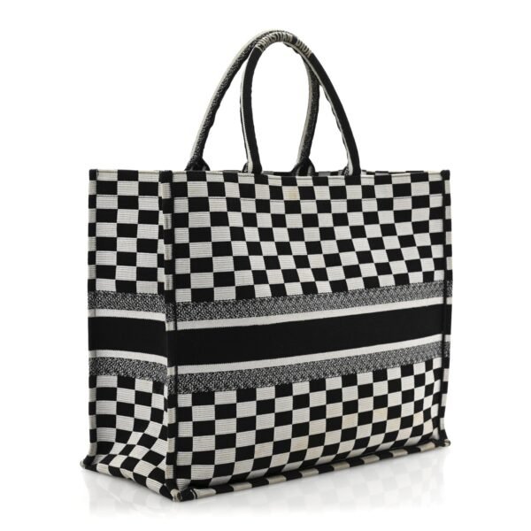 Canvas Embroidered Checkered Book Tote Black White