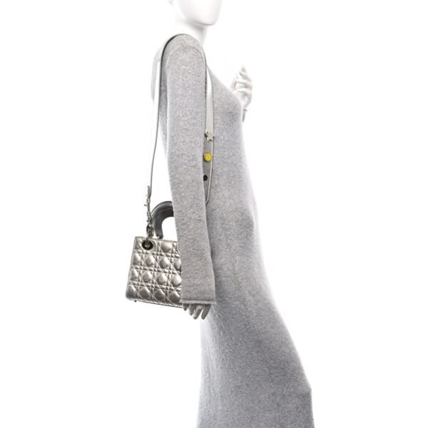 Metallic Grained Calfskin Cannage Small Lucky Badges My Lady Dior Silver
