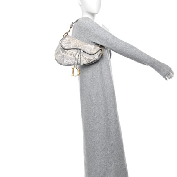 Canvas Embroidered Toile de Jouy Saddle Bag Gray