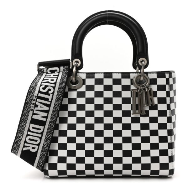 Calfskin Checkered Medium Lady Dior Black White