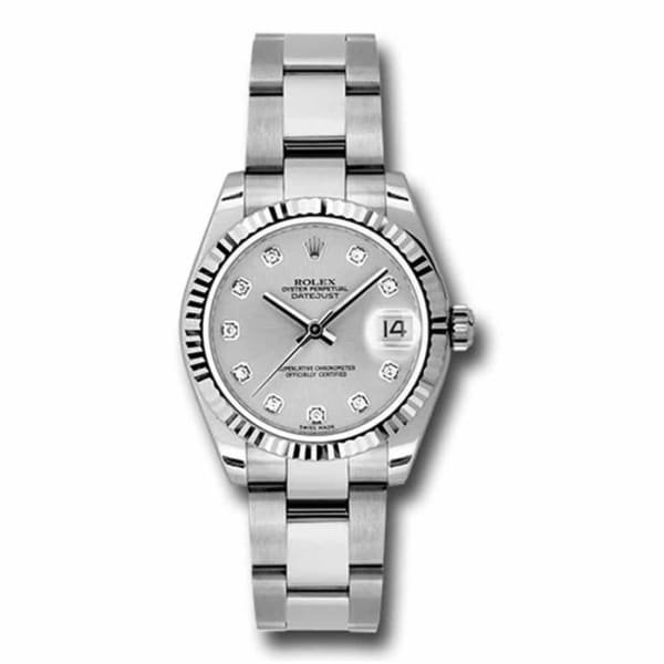 rolex-datejust-31mm-silver-dial-stainless-steel-oyster-bracelet-18k-white-gold-fluted-277.jpg Rolex Datejust 31mm – Ref: 178274-0030 – Silver Diamond Dial, Stainless Steel Oyster Bracelet Women’s Watch