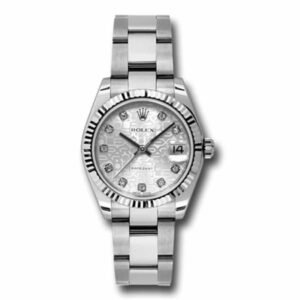 rolex-datejust-31mm-silver-dial-stainless-steel-oyster-bracelet-18k-white-gold-fluted.jpg Rolex Datejust 31mm – Ref: 178274-0029 – Silver Jubilee Dial, Stainless Steel Oyster Bracelet Women’s Watch