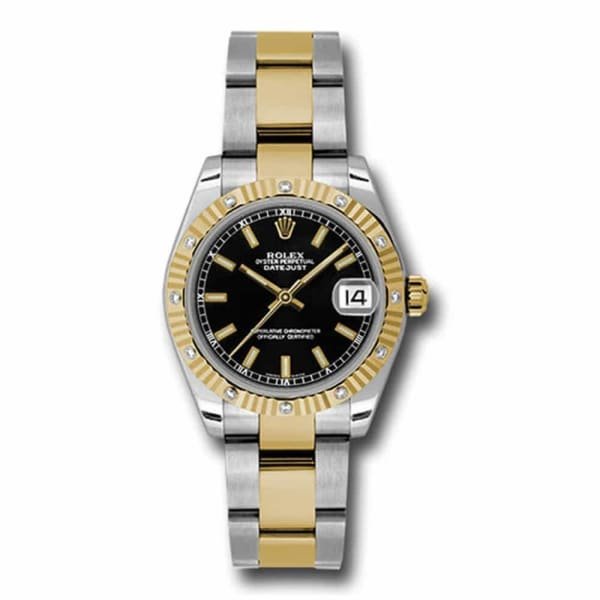 Rolex Datejust 31mm – Ref: 178313 bkio – Black Stick Dial & Diamond Bezel, Two Tone Stainless Steel & 18K Yellow Gold Oyster Bracelet Women’s Watch