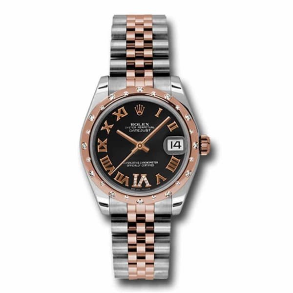 Rolex Datejust 31mm – Ref: 178341 bkdrj – Black Roman Diamond Dial & Diamond Bezel, Two Tone Stainless Steel & 18K Rose Gold Jubilee Bracelet Women’s Watch