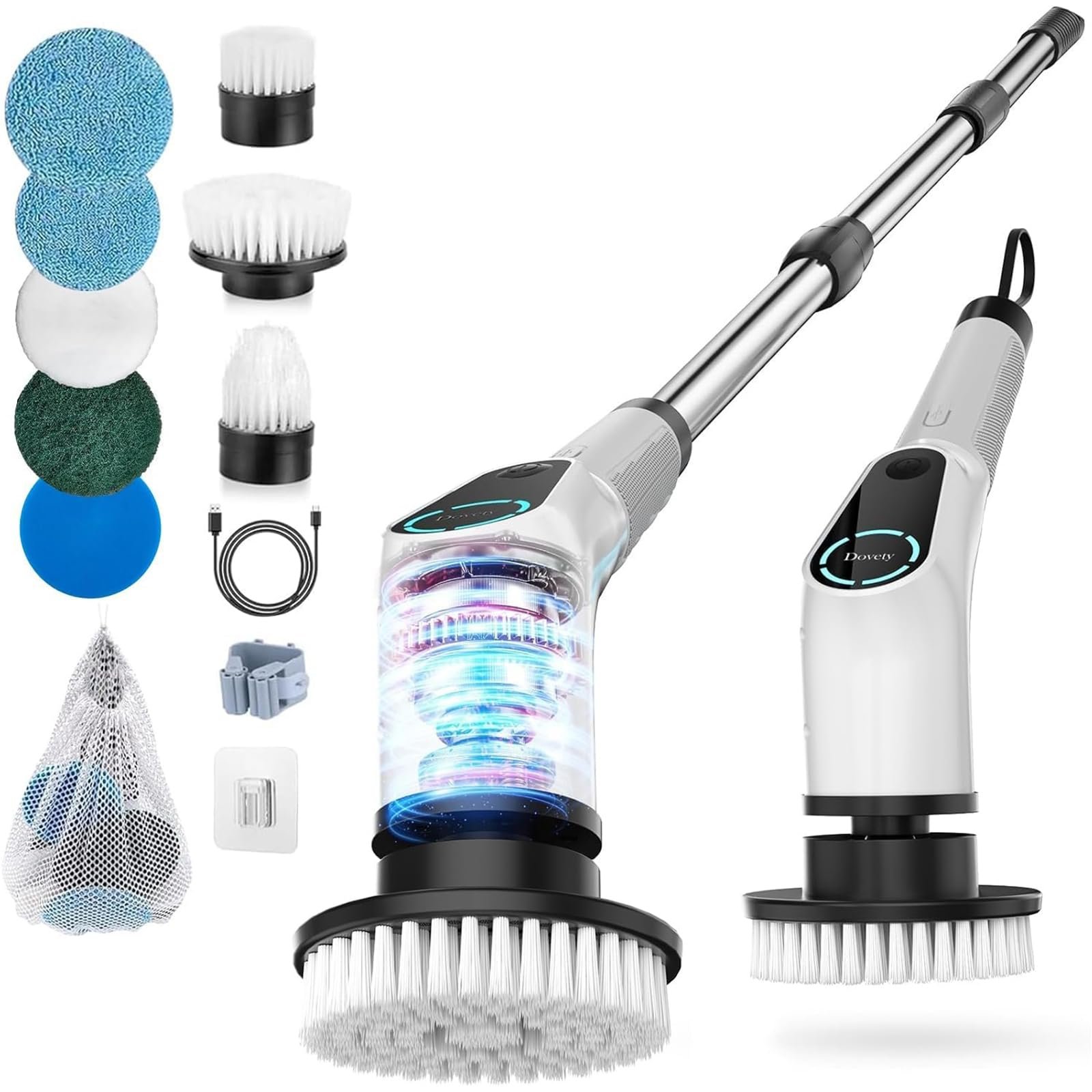 Dovety Electric Spin Scrubber, Shower Scrubber, Power Cleaner Tools with 8 Replaceable Brush Heads, Cleaning Brush with Extension Handle, 2 Adjustable Speeds, 90Mins Work Time for Home Bathtub-White - Image 2